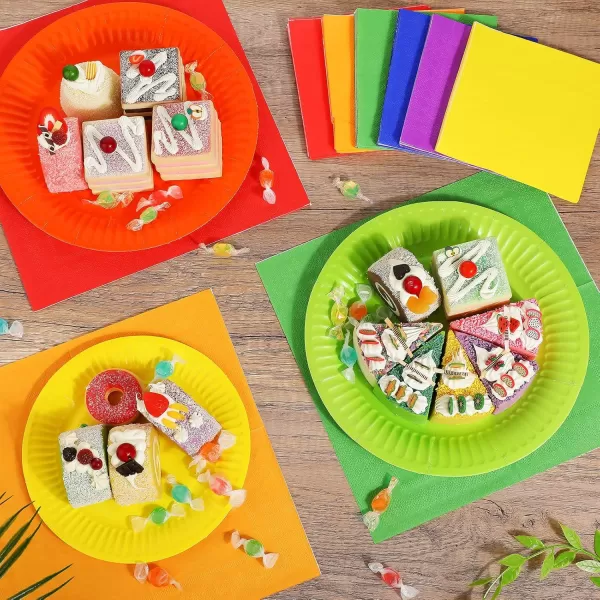 Geosar 240 Pieces Rainbow Party Tableware 60 Set Colorful Paper Plates and Napkins 9oz Paper Cups Complete Pack Disposable Dinnerware Set for Neon Rainbow Birthday Party Decorations Supplies