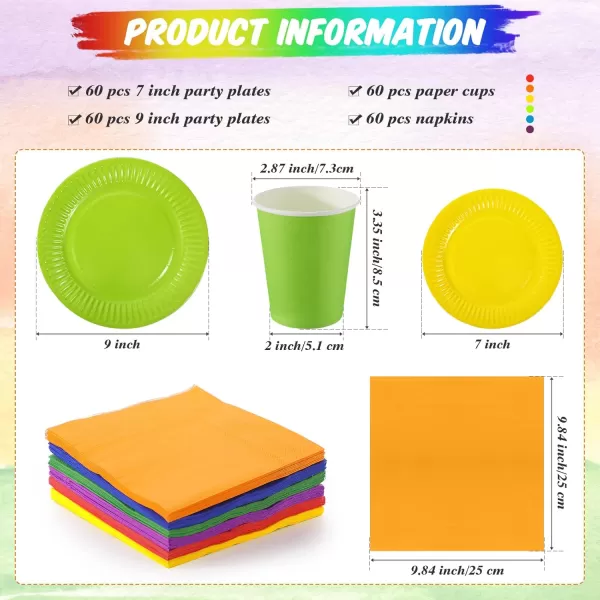 Geosar 240 Pieces Rainbow Party Tableware 60 Set Colorful Paper Plates and Napkins 9oz Paper Cups Complete Pack Disposable Dinnerware Set for Neon Rainbow Birthday Party Decorations Supplies