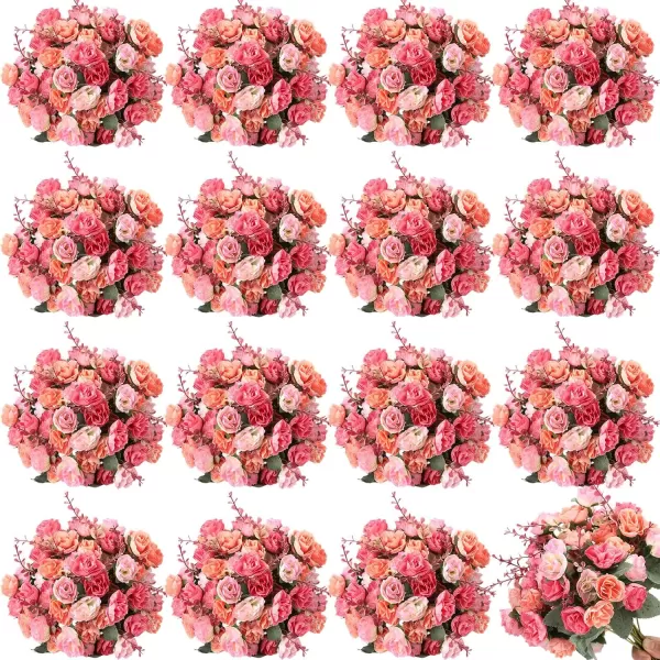 Geosar 8 Pcs Artificial Rose Bouquet Fake Flowers Bundles 21 Heads Faux Floral Bouquet Leaf with Stem DIY Bride Fake Rose for Home Bridal Wedding Arrangements Centerpieces Party Decor PinkPink