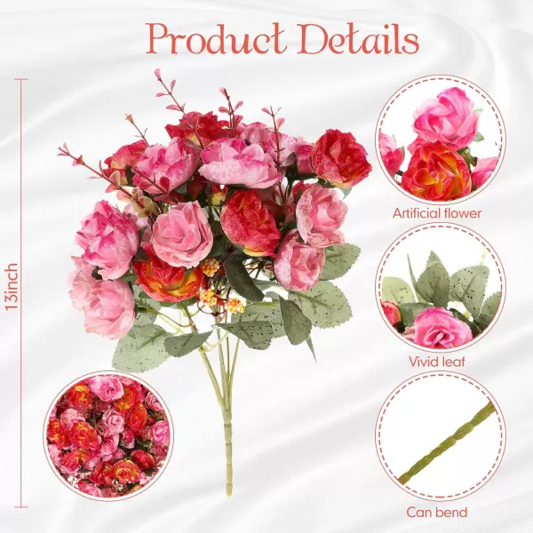 Geosar 8 Pcs Artificial Rose Bouquet Fake Flowers Bundles 21 Heads Faux Floral Bouquet Leaf with Stem DIY Bride Fake Rose for Home Bridal Wedding Arrangements Centerpieces Party Decor PinkRose Red