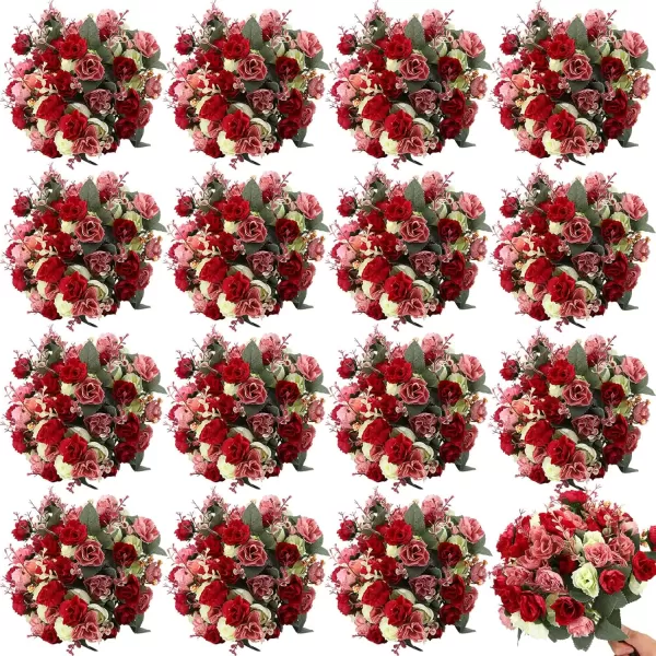 Geosar 8 Pcs Artificial Rose Bouquet Fake Flowers Bundles 21 Heads Faux Floral Bouquet Leaf with Stem DIY Bride Fake Rose for Home Bridal Wedding Arrangements Centerpieces Party Decor PinkMixed Colors