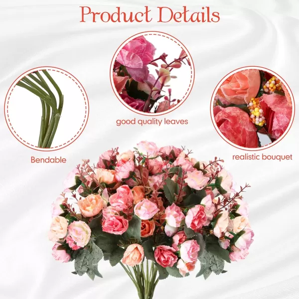 Geosar 8 Pcs Artificial Rose Bouquet Fake Flowers Bundles 21 Heads Faux Floral Bouquet Leaf with Stem DIY Bride Fake Rose for Home Bridal Wedding Arrangements Centerpieces Party Decor PinkPink