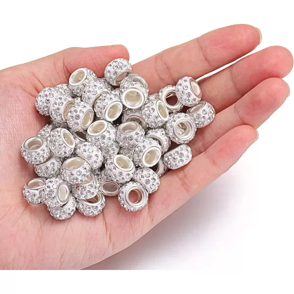 Sasylvia 60 Pieces Hair Beads 12 mm Rhinestone European Bead Large Hole Crystal Charm Bead Hair Beads for Braids for Women for Necklace Earring Bracelet Craft Making Supplies White