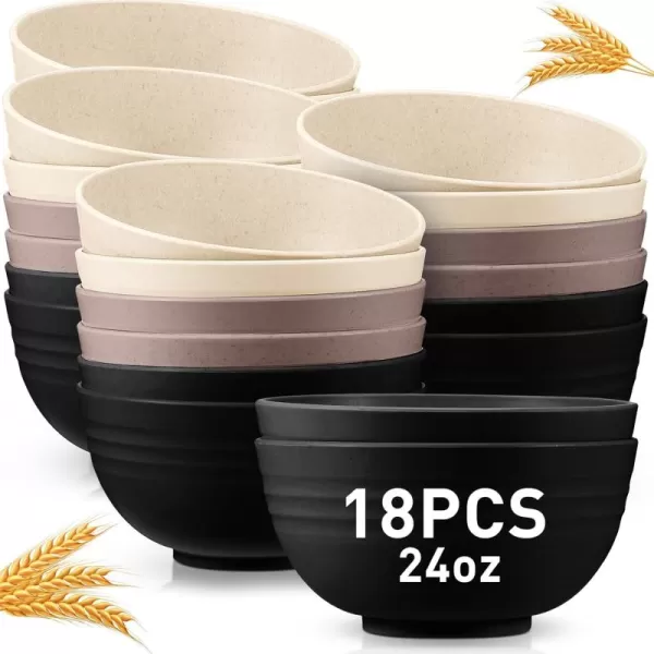 18 Pcs Unbreakable Cereal Bowls 24 Oz Microwave and Dishwasher Safe Wheat Straw Fiber Lightweight Bowl Soup Bowl Microwavable Kitchen Bowl for Serving Salad Pasta OatmealBlackWhite  Black  Gray