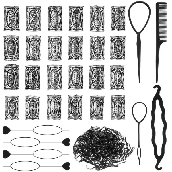 24 Piece Norse Vikings Runes Hair Beard Beads for Bracelets Necklace Accessories DIY Includes 7 Pieces Pull Hair Pin Quick Beader Hair Tool and Black Rubber Bands for Women MenSilver