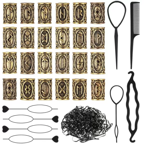 24 Piece Norse Vikings Runes Hair Beard Beads for Bracelets Necklace Accessories DIY Includes 7 Pieces Pull Hair Pin Quick Beader Hair Tool and Black Rubber Bands for Women MenGold