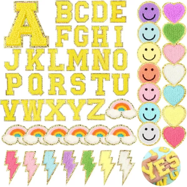 54 Pcs Self Adhesive Chenille Letters Patches Glitter Rainbow Chenille Patches Preppy Cute Sew Patches Christmas Varsity Letter Patches Craft for DIY Clothing Backpack Bag Rose Red Letter217 InchYellow Letter