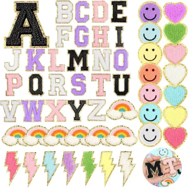 54 Pcs Self Adhesive Chenille Letters Patches Glitter Rainbow Chenille Patches Preppy Cute Sew Patches Christmas Varsity Letter Patches Craft for DIY Clothing Backpack Bag Pink Letter217 InchMix Color