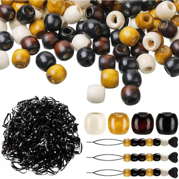 663 Pieces Wooden Hair Beads Set Including 160 Barrel Wood Beads European Wood Loose Beads 500 Black Elastic Hair Bands with 3 Quick Beader Black Light Brown White Brown 063 x 063 x 032 InchBlack  Light Brown  White  Brown