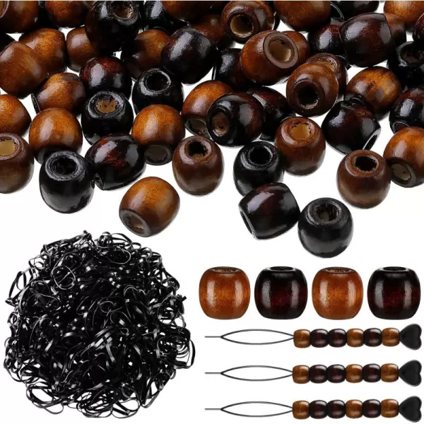 663 Pieces Wooden Hair Beads Set Including 160 Barrel Wood Beads European Wood Loose Beads 500 Black Elastic Hair Bands with 3 Quick Beader Black Light Brown White Brown 063 x 063 x 032 InchLight Brown  Brown