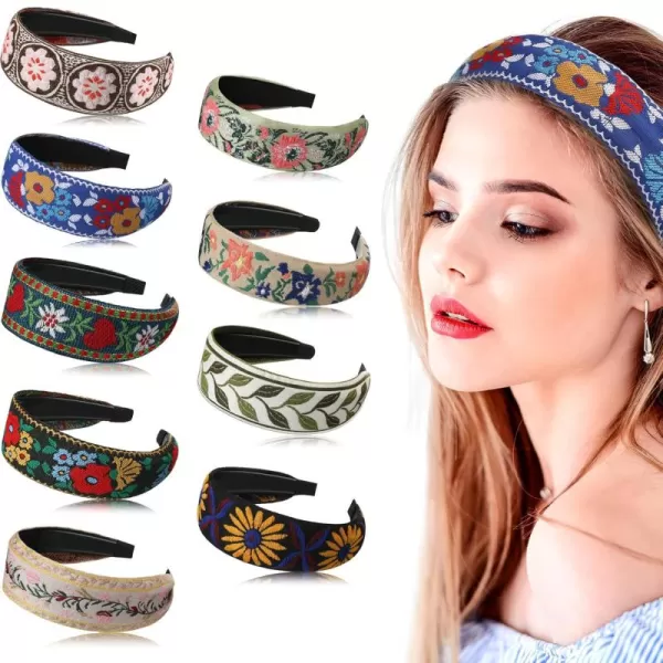 9 Pack Boho Headband Embroidery Headband for Women Bohemia Handmade Wide Headbands Vintage Ethnic Style Hair Bands Hair Turban Floral Embroidered Headband for Girls Hair Accessories 9 Styles