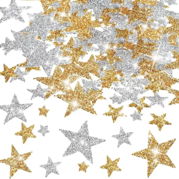 Geosar 120 Pieces Star Rhinestone Appliques Iron on Star Patches Rhinestone Glitter Star Patches Bling Appliques for DIY Crafts Clothes Bag Pants Wedding Decoration in 4 SizesSilver GoldSilver  Gold