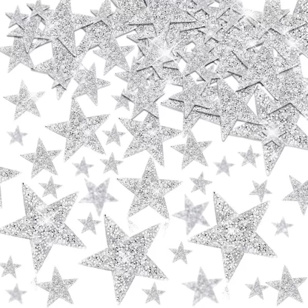 Geosar 120 Pieces Star Rhinestone Appliques Iron on Star Patches Rhinestone Glitter Star Patches Bling Appliques for DIY Crafts Clothes Bag Pants Wedding Decoration in 4 SizesSilver GoldSilver