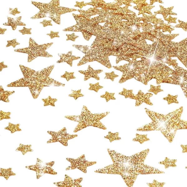 Geosar 120 Pieces Star Rhinestone Appliques Iron on Star Patches Rhinestone Glitter Star Patches Bling Appliques for DIY Crafts Clothes Bag Pants Wedding Decoration in 4 SizesSilver GoldGold