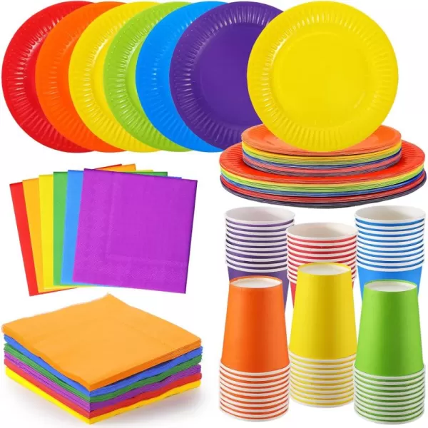 Geosar 240 Pieces Rainbow Party Tableware 60 Set Colorful Paper Plates and Napkins 9oz Paper Cups Complete Pack Disposable Dinnerware Set for Neon Rainbow Birthday Party Decorations Supplies