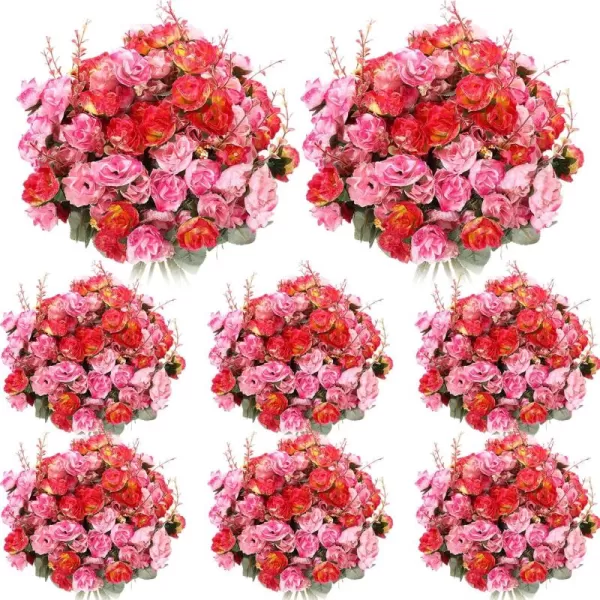 Geosar 8 Pcs Artificial Rose Bouquet Fake Flowers Bundles 21 Heads Faux Floral Bouquet Leaf with Stem DIY Bride Fake Rose for Home Bridal Wedding Arrangements Centerpieces Party Decor PinkRose Red