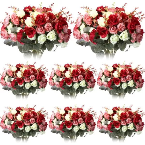 Geosar 8 Pcs Artificial Rose Bouquet Fake Flowers Bundles 21 Heads Faux Floral Bouquet Leaf with Stem DIY Bride Fake Rose for Home Bridal Wedding Arrangements Centerpieces Party Decor PinkMixed Colors