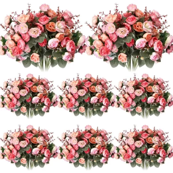 Geosar 8 Pcs Artificial Rose Bouquet Fake Flowers Bundles 21 Heads Faux Floral Bouquet Leaf with Stem DIY Bride Fake Rose for Home Bridal Wedding Arrangements Centerpieces Party Decor PinkPink