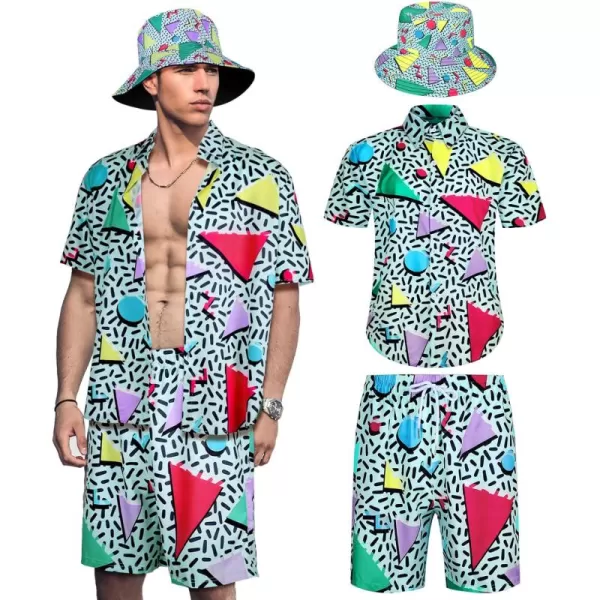 Geosar Mens 2 Pcs 80s 90s Outfit for Men Hippie Shirts and Shorts Set with Hat Neon Disco Halloween Party Costume ClothesVintage