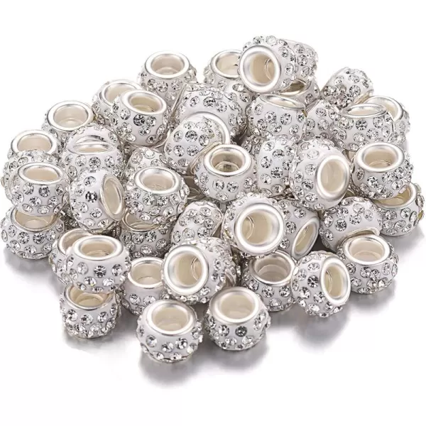 Sasylvia 60 Pieces Hair Beads 12 mm Rhinestone European Bead Large Hole Crystal Charm Bead Hair Beads for Braids for Women for Necklace Earring Bracelet Craft Making Supplies White