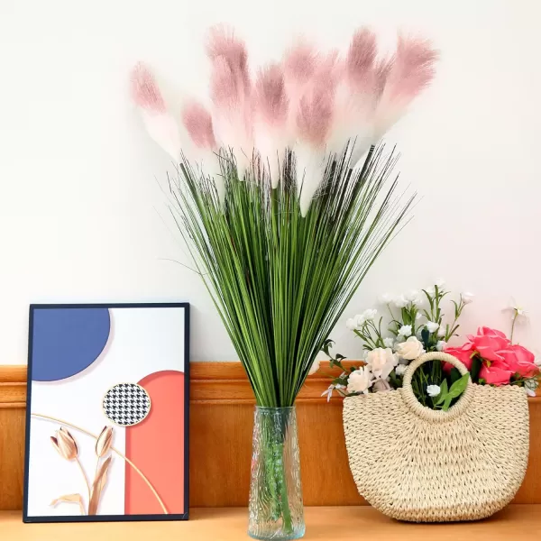 10 Pack Artificial Plants 27 Inch Tall Onion Grass Greenery Fake Grass Faux Greenery Stems Green Artificial Shrubs for Outdoors Plastic Small Bushes for Office Room Gardening Indoor Pink