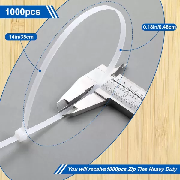 1000 Pcs 14quot Zip Ties Heavy Duty Plastic Zip Wire Ties 49 lb Tensile Strength UV Resistant Cable Ties Self Locking Tie Wraps for Indoor and Outdoor WhiteWhite