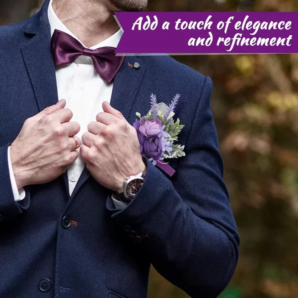 12 Pcs Purple Wrist Corsage and Boutonniere Set for Groom Groomsmen Bride Bridesmaids Wedding Party Prom Suit Artificial Peony Flowers Decor for Women Men Homecoming Ceremony Anniversary Formal Party