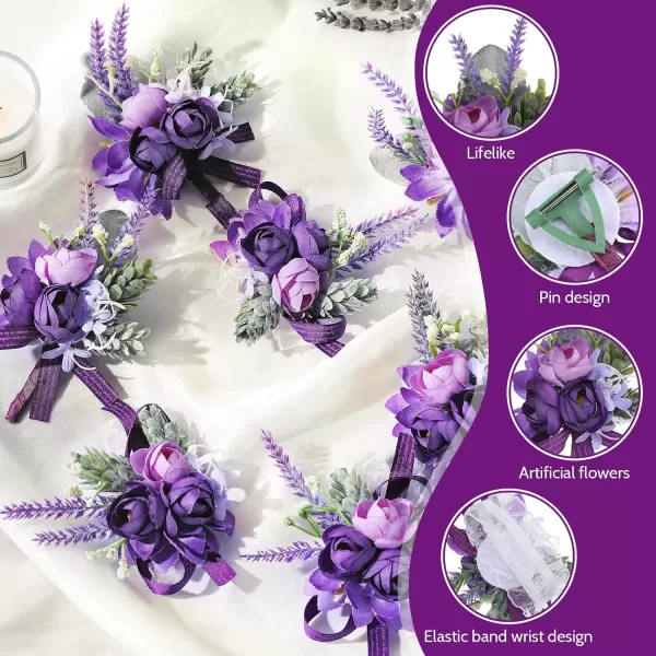 12 Pcs Purple Wrist Corsage and Boutonniere Set for Groom Groomsmen Bride Bridesmaids Wedding Party Prom Suit Artificial Peony Flowers Decor for Women Men Homecoming Ceremony Anniversary Formal Party