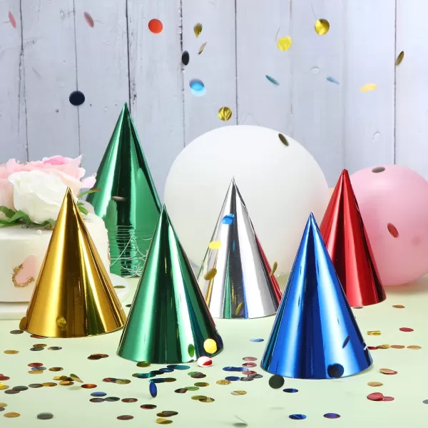 200 Pcs Birthday Party Hats Metallic Cone Birthday Party Hats Bulk Multicolor Paper Hat with Elastic String for Youth Adults Pets Gold Silver Red Blue and Green