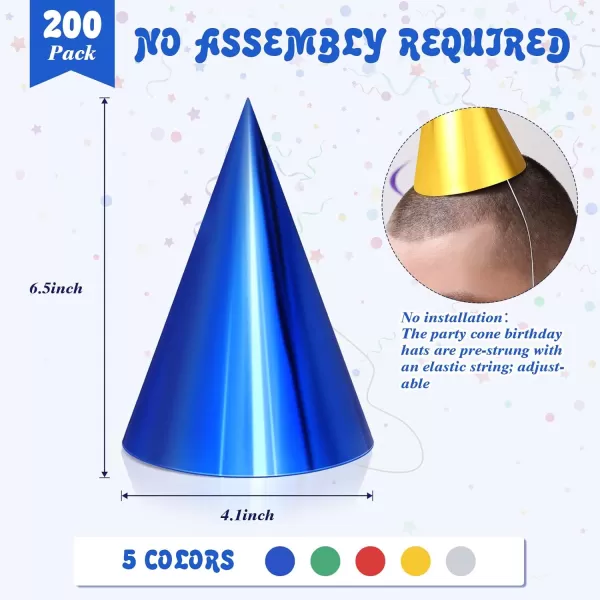 200 Pcs Birthday Party Hats Metallic Cone Birthday Party Hats Bulk Multicolor Paper Hat with Elastic String for Youth Adults Pets Gold Silver Red Blue and Green