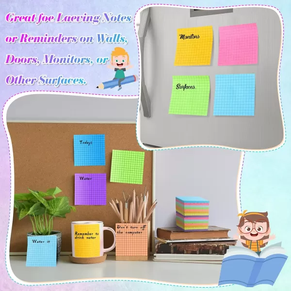 24 Packs Lined Grid Sticky Notes 3 x 3 Inch Post Notes Colorful Sticking Self Stick Notes Power Memo Pads Strong Adhesive Self Stick Note for Gifts School Office Supplies 8 Colors Macaron ColorBright Color