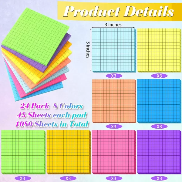 24 Packs Lined Grid Sticky Notes 3 x 3 Inch Post Notes Colorful Sticking Self Stick Notes Power Memo Pads Strong Adhesive Self Stick Note for Gifts School Office Supplies 8 Colors Macaron ColorBright Color