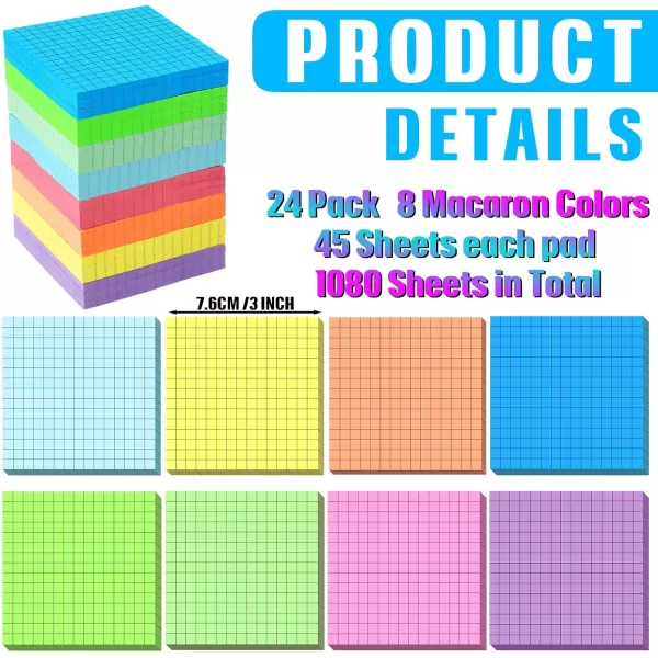 24 Packs Lined Grid Sticky Notes 3 x 3 Inch Post Notes Colorful Sticking Self Stick Notes Power Memo Pads Strong Adhesive Self Stick Note for Gifts School Office Supplies 8 Colors Macaron ColorMacaron Color