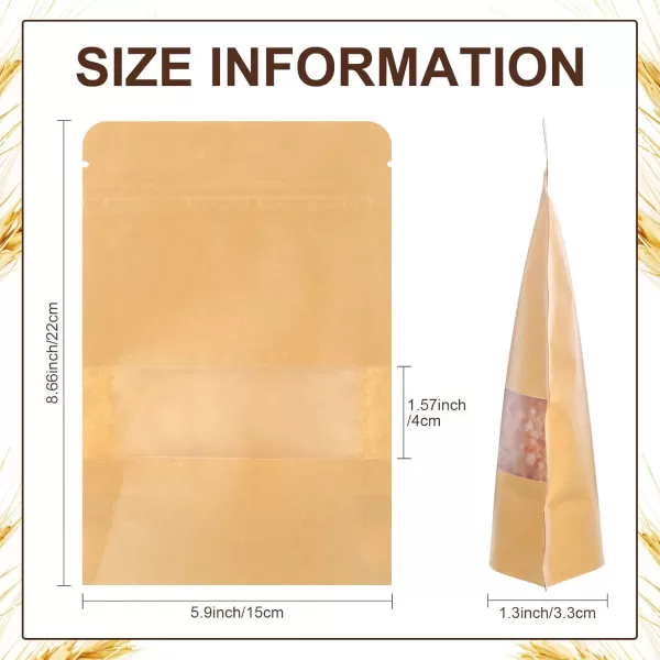 300 Pcs Kraft Bags with Window Kraft Stand up Pouches Bulk Kraft Zipper Lock Paper Bags Pouches Food Storage Bags Reusable Heat Sealable Bags for Packaging Home Office Business 6 x 9 Inch6 x 9 Inch