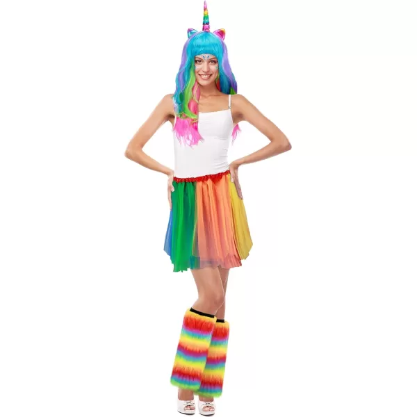 4 Unicorn Costume Set Fur Rainbow Fluffy Leg Warmers Layered Tulle Tutu Skirt Unicorn Wig and Headpiece Face Gem Sticker for Party Costume Holiday Festival Performance Play Cosplay Girl Adult Women