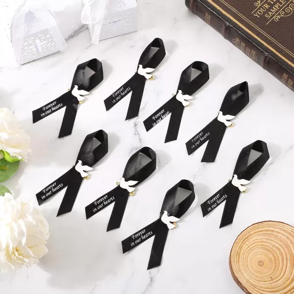 50 Pcs Dove Funeral Ribbons Memorial Ribbon Funeral Pins Classic Memorial Service Respect Ribbon Bow with Safety Pins and Dove for Mourning Remembrance Day Funeral Event WhiteBlack