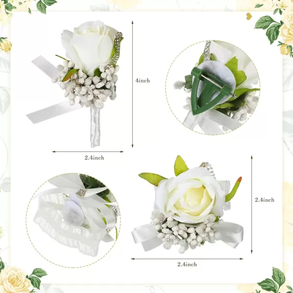 Geosar 12 Pcs Wedding White Corsage and Boutonniere Set for Bride Bridesmaid Includes 6 Artificial Corsage Wristlet and 6 Boutonniere for Men Wedding Wrist Corsage Rose Prom Suit Decorations