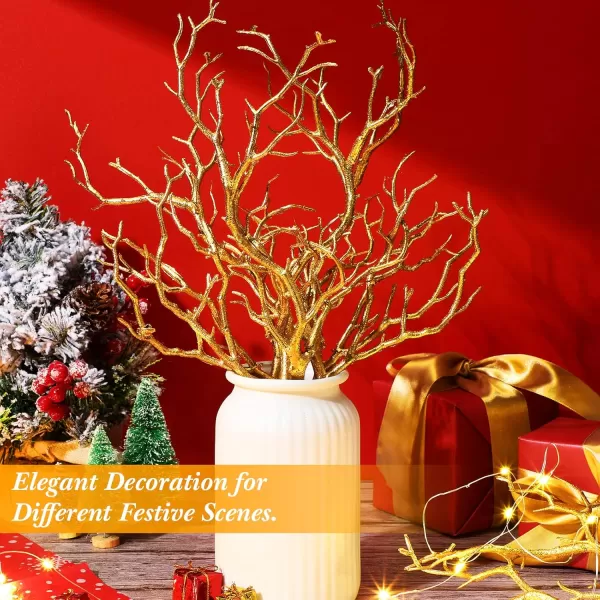 Geosar 138 Inch Small Manzanita Branches Plastic Faux Branches Artificial Antler Shaped Tree Branch Decorative Plant Twigs for Home Wedding Table Centerpiece Festival DecorsWhite20 PiecesGlitter Gold