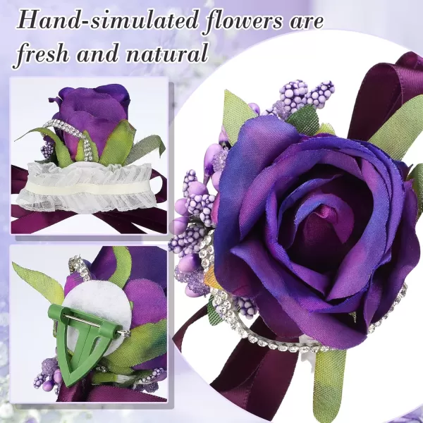 Geosar 20 Pcs Wedding Corsage and Boutonniere Set Homecoming Artificial Corsage Wristlet and Boutonniere for Men Women Bride Bridesmaid Wedding Flowers Accessories Prom Suit Decorations PurplePurple