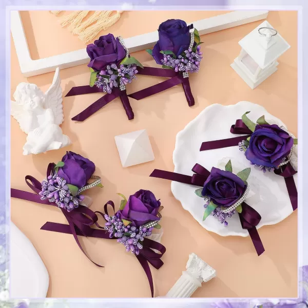 Geosar 20 Pcs Wedding Corsage and Boutonniere Set Homecoming Artificial Corsage Wristlet and Boutonniere for Men Women Bride Bridesmaid Wedding Flowers Accessories Prom Suit Decorations PurplePurple