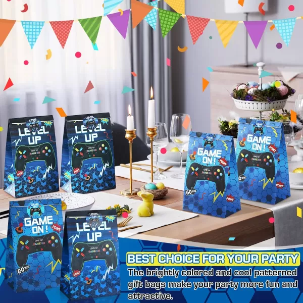 Geosar 30 Pcs Video Game Party Paper Bags Gaming Party Favors Gift Bags Gamer Theme Party Goodie Bags Boys Birthday Party Decorations Treat Candy Bags with 30 StickersGreenBlue