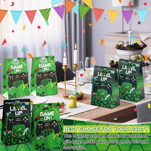 Geosar 30 Pcs Video Game Party Paper Bags Gaming Party Favors Gift Bags Gamer Theme Party Goodie Bags Boys Birthday Party Decorations Treat Candy Bags with 30 StickersGreengreen