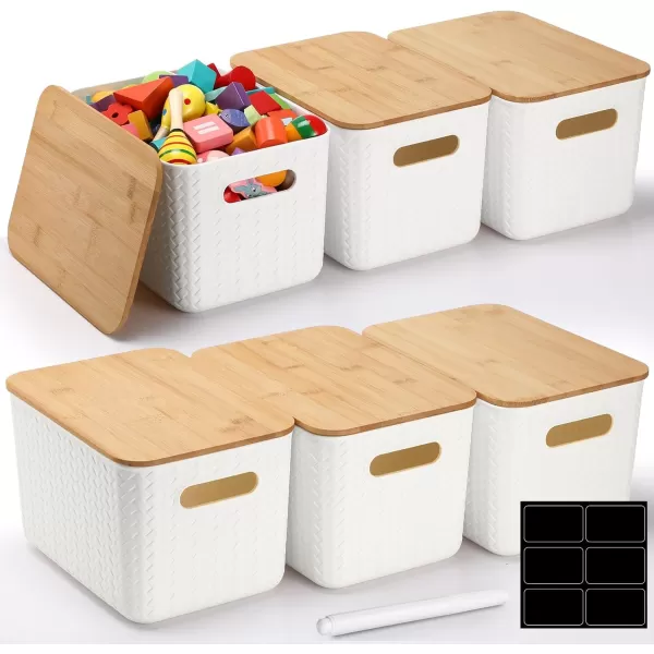 Geosar 6 Pcs Storage Bins with Bamboo Lids Plastic Storage Containers Stackable Storage Box with and Handle with 6 Labels and Marker for Organizing Toys and More 101x7x669 In Classic WhiteWhite