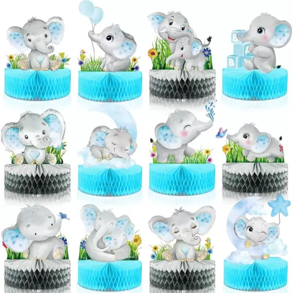 12 Pcs Blue Elephant Honeycomb Centerpieces Floral Elephant Table Decorations Baby Shower Centerpieces Elephant Double Sided Baby Shower Decorations Elephant Centerpiece for Baby Shower Party Supply