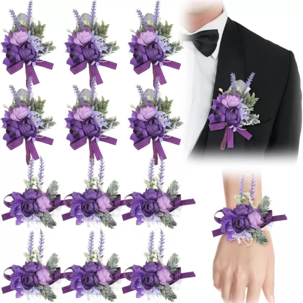 12 Pcs Purple Wrist Corsage and Boutonniere Set for Groom Groomsmen Bride Bridesmaids Wedding Party Prom Suit Artificial Peony Flowers Decor for Women Men Homecoming Ceremony Anniversary Formal Party