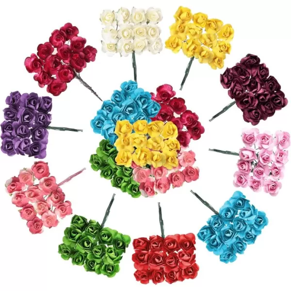 132 Pcs Artificial Mini Rose Fake Mixed Color Paper Flower Handmade Small Flowers for Crafts Miniature Flowers Wedding Bouquet Paper Mini Flowers with Stems for DIY Crafts Scrapbooking Embellishment