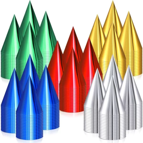 200 Pcs Birthday Party Hats Metallic Cone Birthday Party Hats Bulk Multicolor Paper Hat with Elastic String for Youth Adults Pets Gold Silver Red Blue and Green