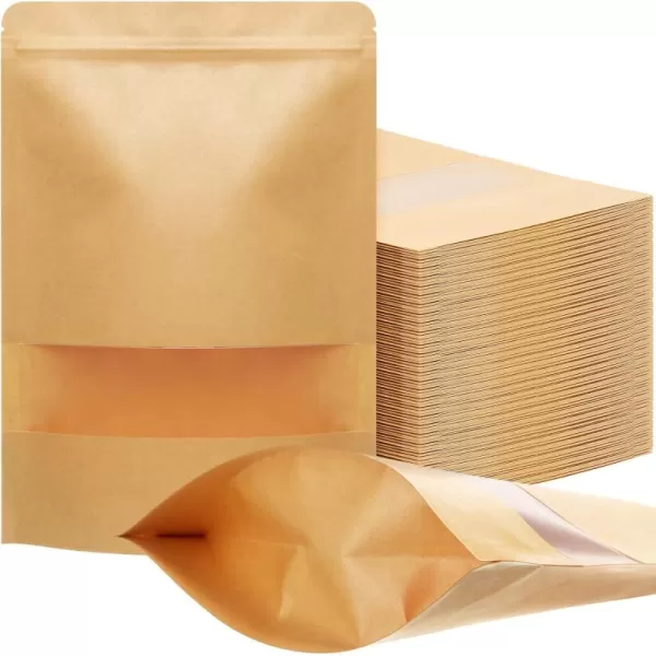 300 Pcs Kraft Bags with Window Kraft Stand up Pouches Bulk Kraft Zipper Lock Paper Bags Pouches Food Storage Bags Reusable Heat Sealable Bags for Packaging Home Office Business 6 x 9 Inch7 x 10 Inch