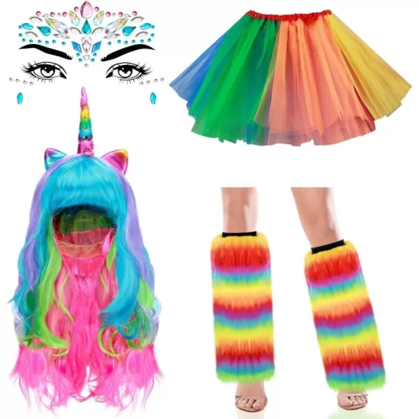 4 Unicorn Costume Set Fur Rainbow Fluffy Leg Warmers Layered Tulle Tutu Skirt Unicorn Wig and Headpiece Face Gem Sticker for Party Costume Holiday Festival Performance Play Cosplay Girl Adult Women