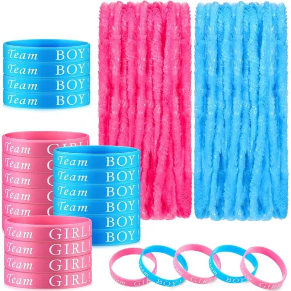 48 Pieces Baby Gender Reveal Decorations Set 24 Gender Reveal Bracelets and 24 Gender Reveal Leis Team Boy Team Girl Wristband for Baby Shower Gender Reveal Ideas Party Favor Supplies Pink and Blue